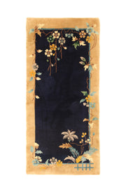 Antique Chinese Art Deco oval rug, 59x37 inches (150x94 cm), featuring burgundy flowers rising from a sage green border into a pale gold field, creating a tranquil garden scene.